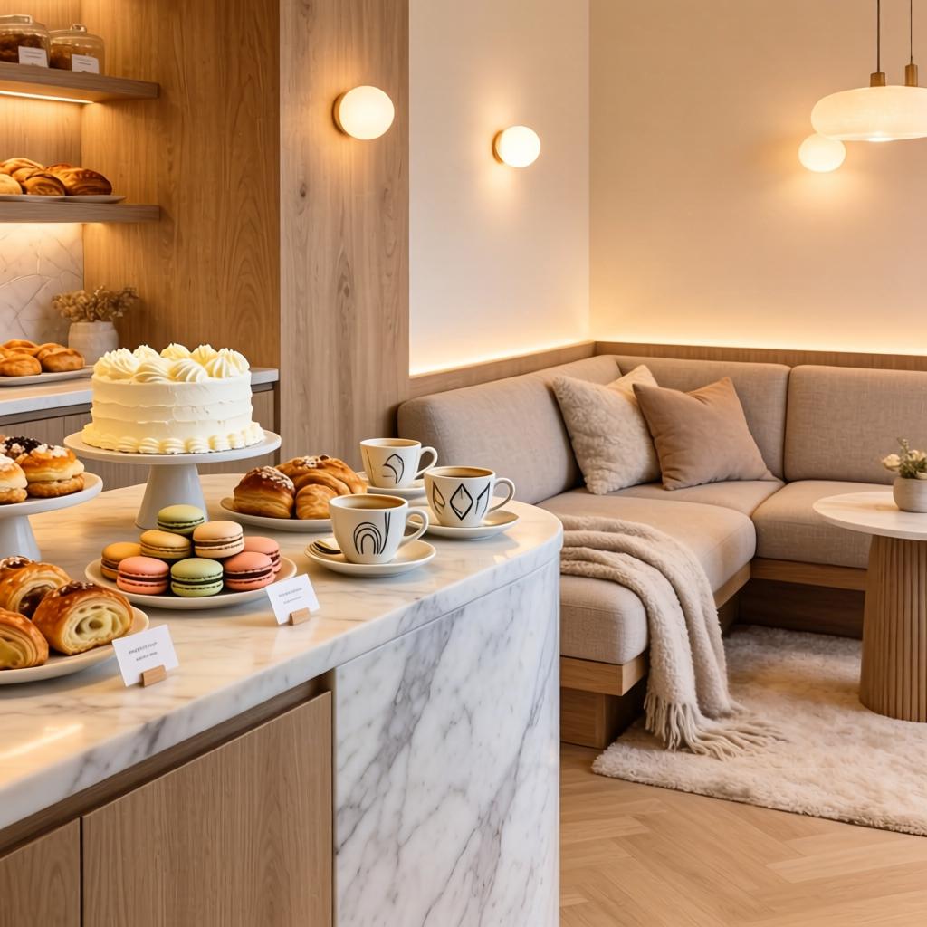 烘焙店大理石展示桌与定制卡座沙发：打造极···(图2)